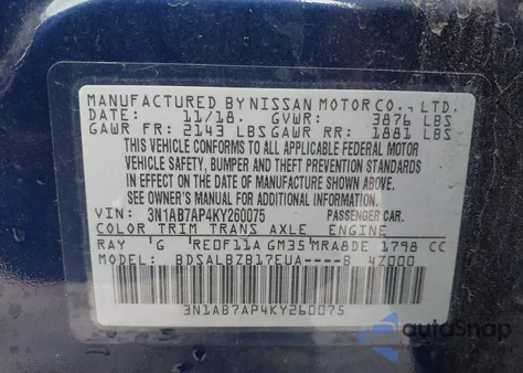 2019 Nissan Sentra S from USA, damaged, VIN 3N1AB7AP4KY260075